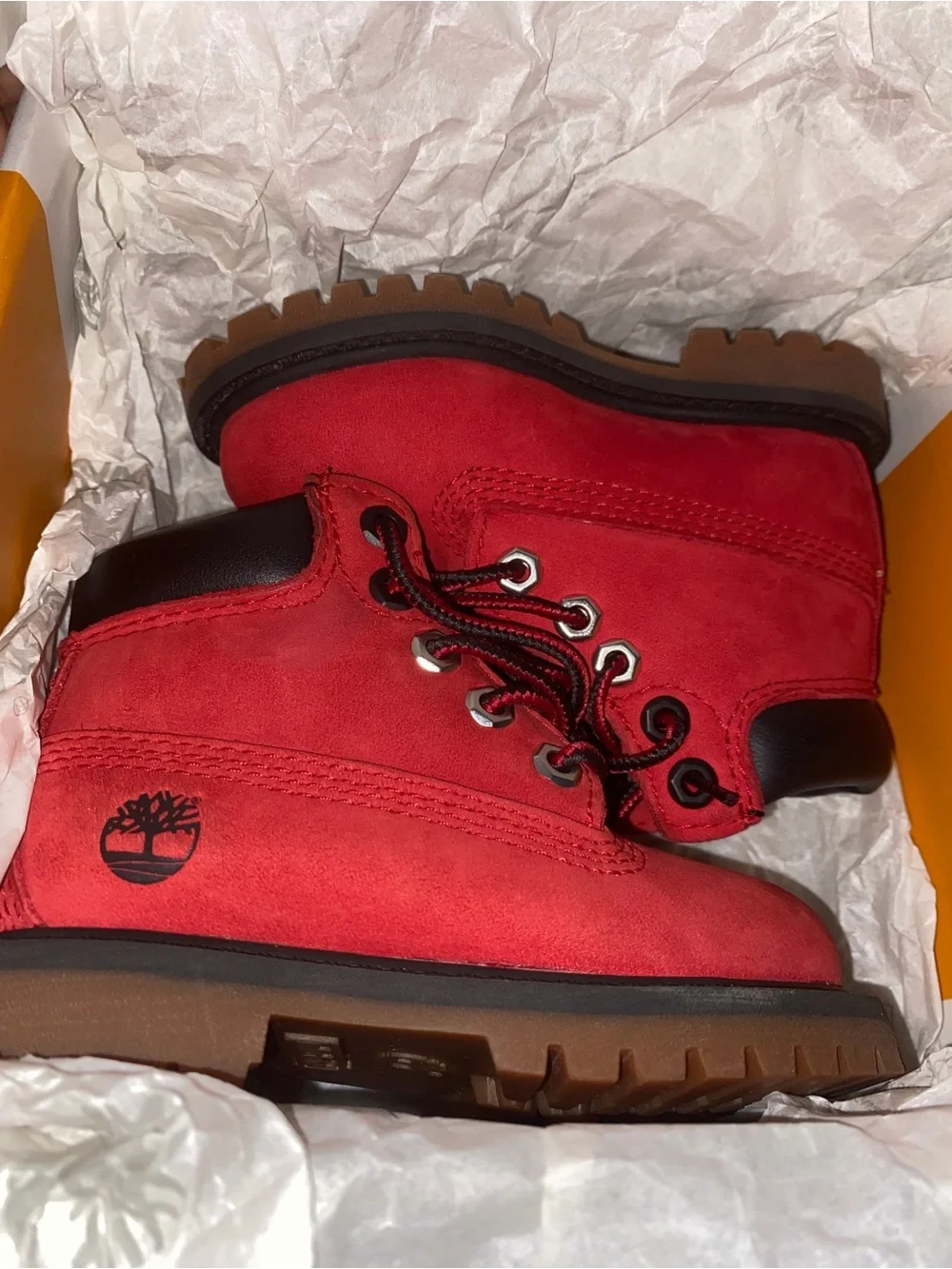 Timberland Kids Red Suede Lace-Up Boots with Brown Sole